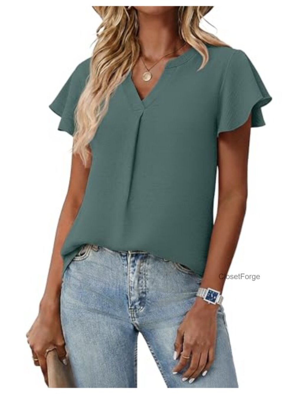 Womens V Neck Ruffle Sleeve Blouse Flowy Summer Top Lightweight